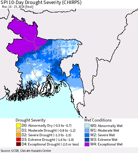 Bangladesh SPI 10-Day Drought Severity (CHIRPS) Thematic Map For 3/16/2024 - 3/25/2024