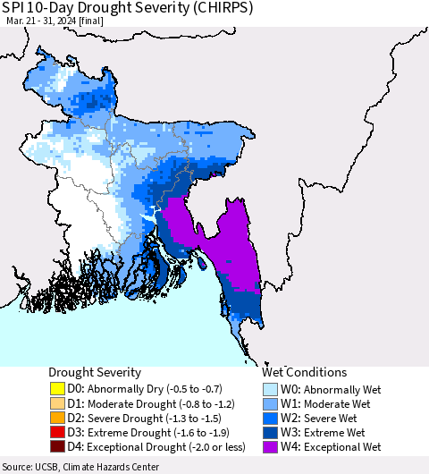 Bangladesh SPI 10-Day Drought Severity (CHIRPS) Thematic Map For 3/21/2024 - 3/31/2024