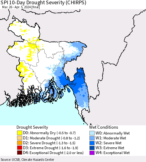 Bangladesh SPI 10-Day Drought Severity (CHIRPS) Thematic Map For 3/26/2024 - 4/5/2024