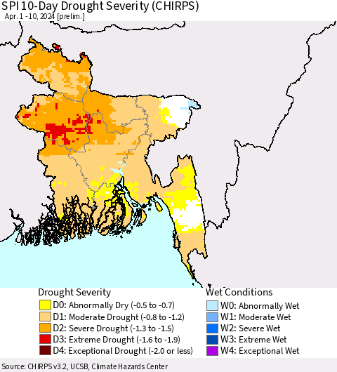 Bangladesh SPI 10-Day Drought Severity (CHIRPS) Thematic Map For 4/1/2024 - 4/10/2024