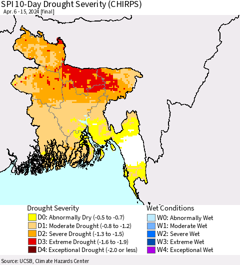 Bangladesh SPI 10-Day Drought Severity (CHIRPS) Thematic Map For 4/6/2024 - 4/15/2024
