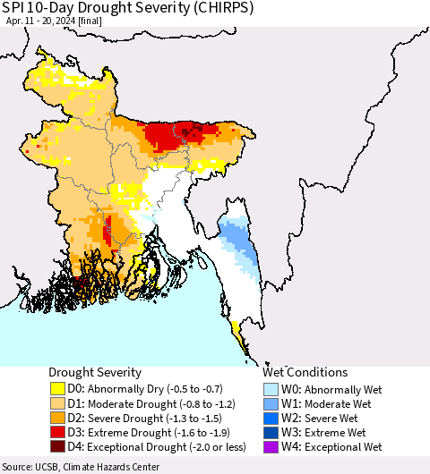 Bangladesh SPI 10-Day Drought Severity (CHIRPS) Thematic Map For 4/11/2024 - 4/20/2024