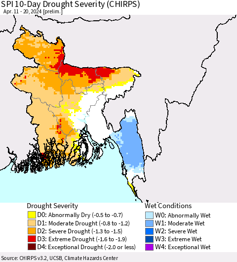 Bangladesh SPI 10-Day Drought Severity (CHIRPS) Thematic Map For 4/11/2024 - 4/20/2024