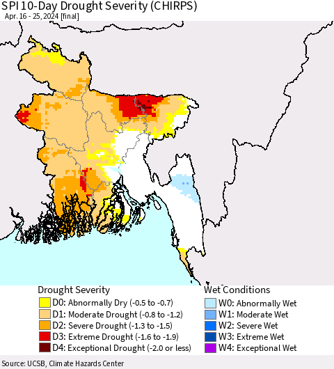 Bangladesh SPI 10-Day Drought Severity (CHIRPS) Thematic Map For 4/16/2024 - 4/25/2024