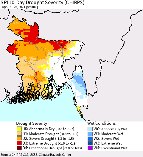 Bangladesh SPI 10-Day Drought Severity (CHIRPS) Thematic Map For 4/16/2024 - 4/25/2024