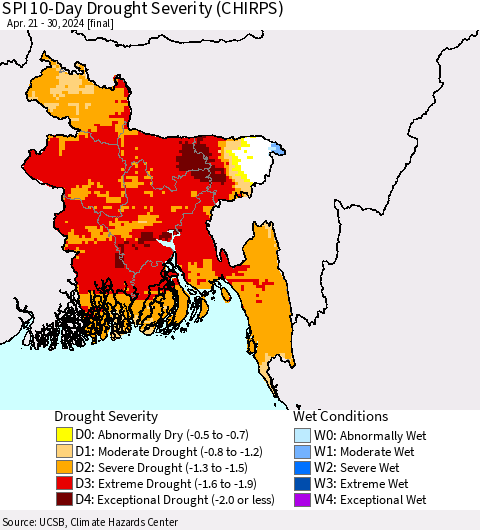 Bangladesh SPI 10-Day Drought Severity (CHIRPS) Thematic Map For 4/21/2024 - 4/30/2024