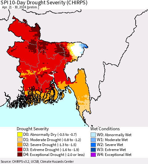 Bangladesh SPI 10-Day Drought Severity (CHIRPS) Thematic Map For 4/21/2024 - 4/30/2024