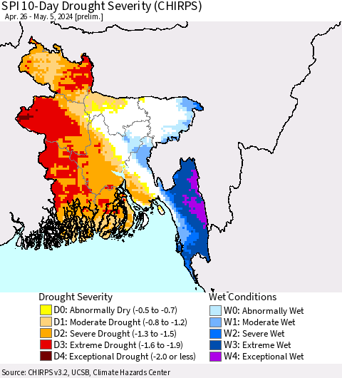 Bangladesh SPI 10-Day Drought Severity (CHIRPS) Thematic Map For 4/26/2024 - 5/5/2024