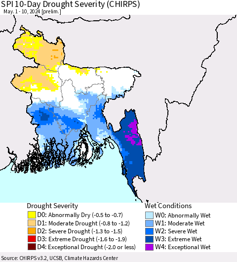 Bangladesh SPI 10-Day Drought Severity (CHIRPS) Thematic Map For 5/1/2024 - 5/10/2024