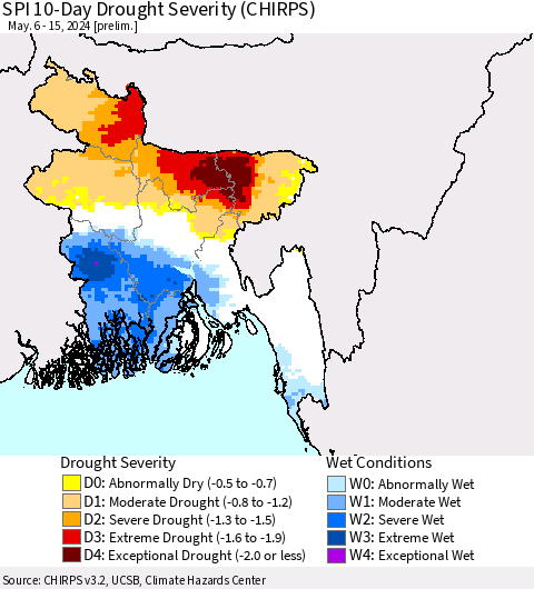Bangladesh SPI 10-Day Drought Severity (CHIRPS) Thematic Map For 5/6/2024 - 5/15/2024