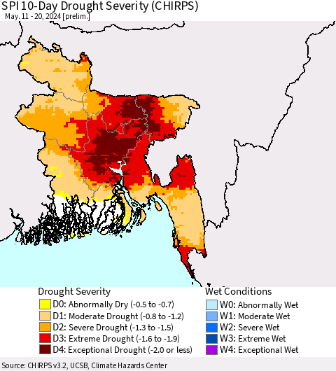 Bangladesh SPI 10-Day Drought Severity (CHIRPS) Thematic Map For 5/11/2024 - 5/20/2024