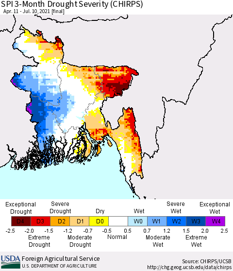 Bangladesh SPI 3-Month Drought Severity (CHIRPS) Thematic Map For 4/11/2021 - 7/10/2021