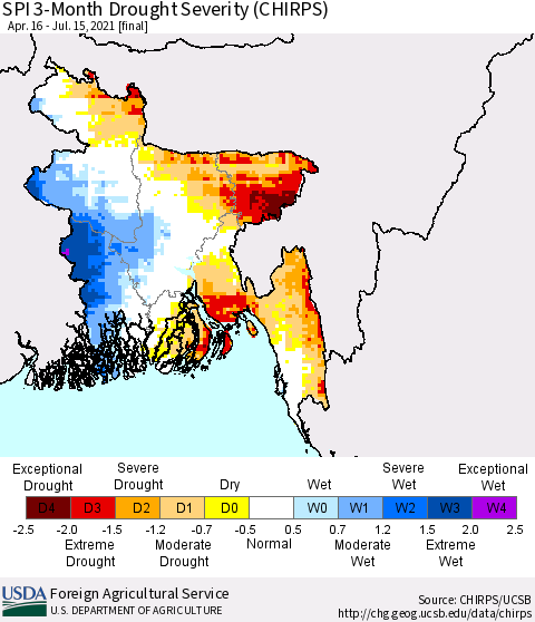Bangladesh SPI 3-Month Drought Severity (CHIRPS) Thematic Map For 4/16/2021 - 7/15/2021