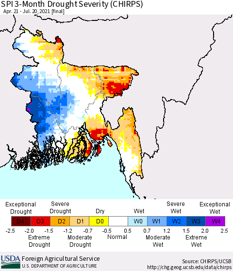 Bangladesh SPI 3-Month Drought Severity (CHIRPS) Thematic Map For 4/21/2021 - 7/20/2021