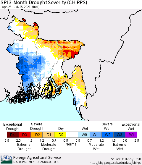 Bangladesh SPI 3-Month Drought Severity (CHIRPS) Thematic Map For 4/26/2021 - 7/25/2021