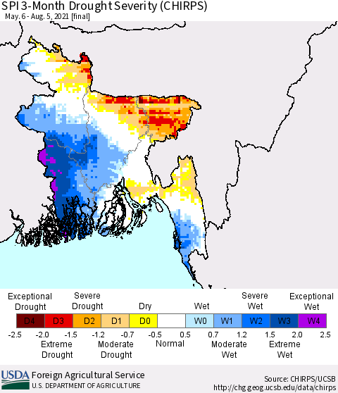Bangladesh SPI 3-Month Drought Severity (CHIRPS) Thematic Map For 5/6/2021 - 8/5/2021