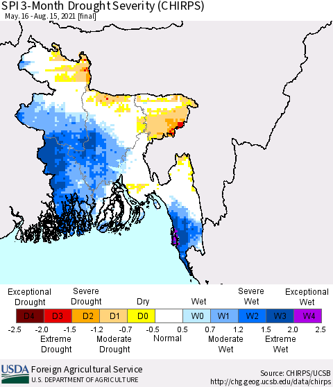 Bangladesh SPI 3-Month Drought Severity (CHIRPS) Thematic Map For 5/16/2021 - 8/15/2021