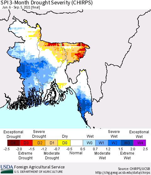 Bangladesh SPI 3-Month Drought Severity (CHIRPS) Thematic Map For 6/6/2021 - 9/5/2021
