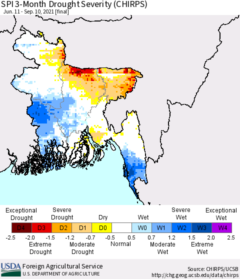 Bangladesh SPI 3-Month Drought Severity (CHIRPS) Thematic Map For 6/11/2021 - 9/10/2021