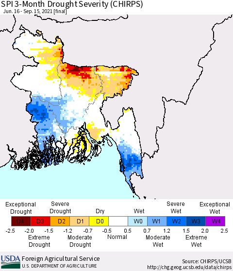 Bangladesh SPI 3-Month Drought Severity (CHIRPS) Thematic Map For 6/16/2021 - 9/15/2021