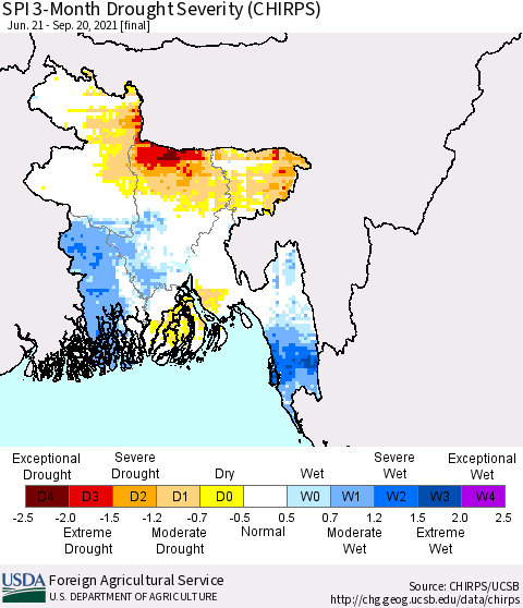 Bangladesh SPI 3-Month Drought Severity (CHIRPS) Thematic Map For 6/21/2021 - 9/20/2021