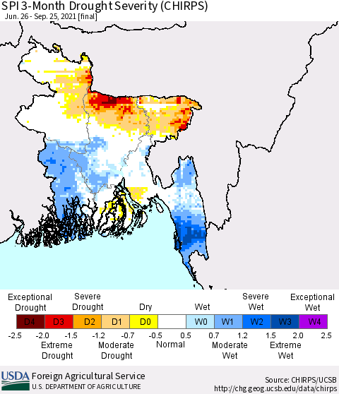 Bangladesh SPI 3-Month Drought Severity (CHIRPS) Thematic Map For 6/26/2021 - 9/25/2021