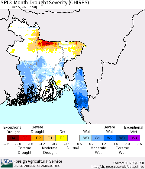 Bangladesh SPI 3-Month Drought Severity (CHIRPS) Thematic Map For 7/6/2021 - 10/5/2021