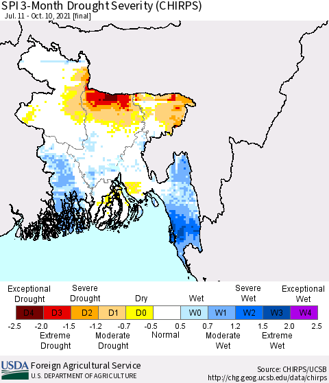 Bangladesh SPI 3-Month Drought Severity (CHIRPS) Thematic Map For 7/11/2021 - 10/10/2021