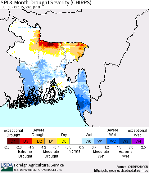 Bangladesh SPI 3-Month Drought Severity (CHIRPS) Thematic Map For 7/16/2021 - 10/15/2021