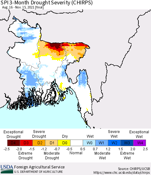 Bangladesh SPI 3-Month Drought Severity (CHIRPS) Thematic Map For 8/16/2021 - 11/15/2021