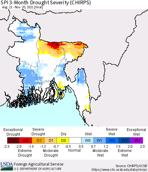 Bangladesh SPI 3-Month Drought Severity (CHIRPS) Thematic Map For 8/21/2021 - 11/20/2021