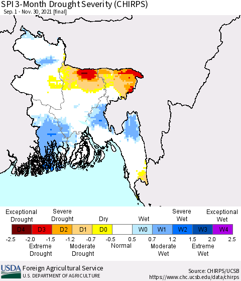 Bangladesh SPI 3-Month Drought Severity (CHIRPS) Thematic Map For 9/1/2021 - 11/30/2021