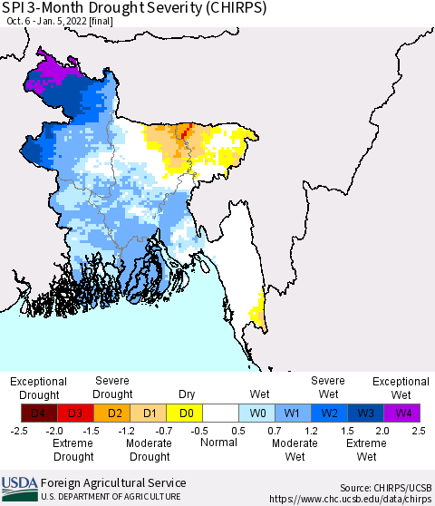 Bangladesh SPI 3-Month Drought Severity (CHIRPS) Thematic Map For 10/6/2021 - 1/5/2022