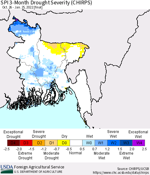 Bangladesh SPI 3-Month Drought Severity (CHIRPS) Thematic Map For 10/26/2021 - 1/25/2022