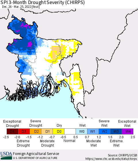 Bangladesh SPI 3-Month Drought Severity (CHIRPS) Thematic Map For 12/26/2021 - 3/25/2022