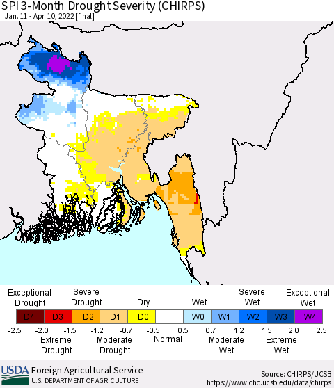 Bangladesh SPI 3-Month Drought Severity (CHIRPS) Thematic Map For 1/11/2022 - 4/10/2022