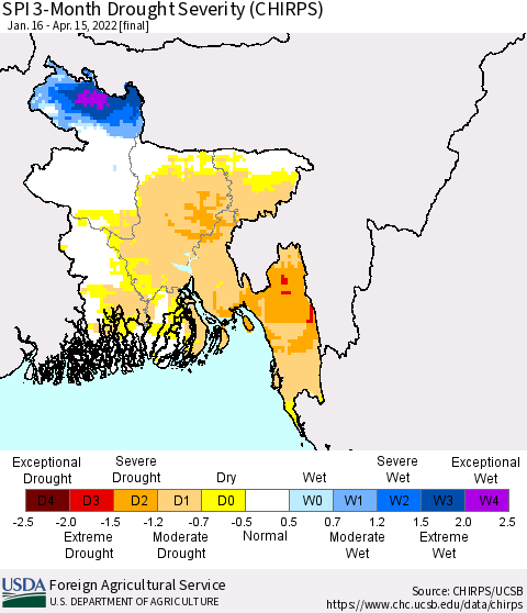Bangladesh SPI 3-Month Drought Severity (CHIRPS) Thematic Map For 1/16/2022 - 4/15/2022