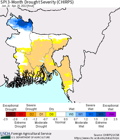 Bangladesh SPI 3-Month Drought Severity (CHIRPS) Thematic Map For 1/21/2022 - 4/20/2022