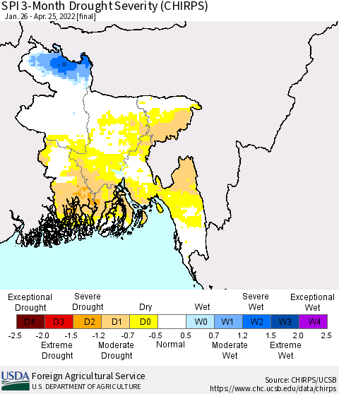 Bangladesh SPI 3-Month Drought Severity (CHIRPS) Thematic Map For 1/26/2022 - 4/25/2022