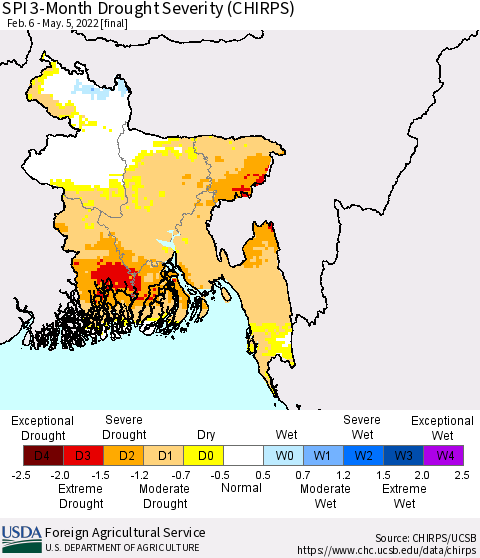 Bangladesh SPI 3-Month Drought Severity (CHIRPS) Thematic Map For 2/6/2022 - 5/5/2022