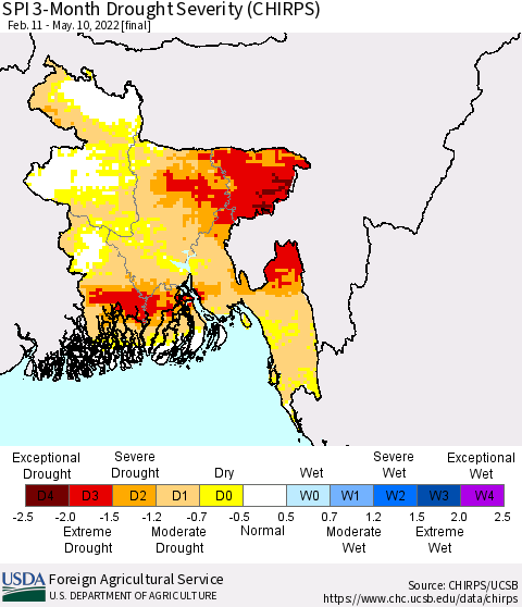 Bangladesh SPI 3-Month Drought Severity (CHIRPS) Thematic Map For 2/11/2022 - 5/10/2022