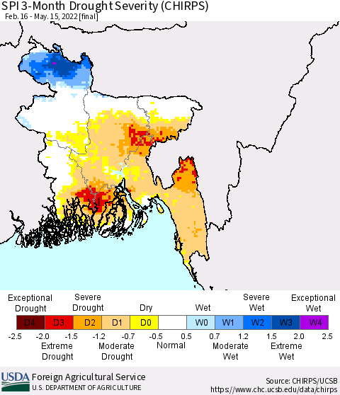 Bangladesh SPI 3-Month Drought Severity (CHIRPS) Thematic Map For 2/16/2022 - 5/15/2022