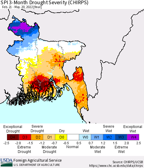 Bangladesh SPI 3-Month Drought Severity (CHIRPS) Thematic Map For 2/21/2022 - 5/20/2022