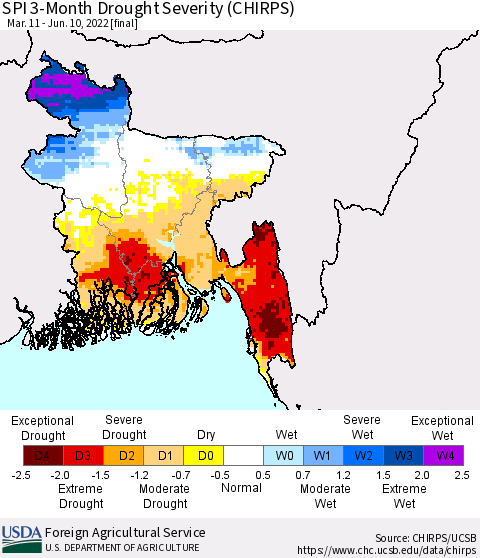 Bangladesh SPI 3-Month Drought Severity (CHIRPS) Thematic Map For 3/11/2022 - 6/10/2022