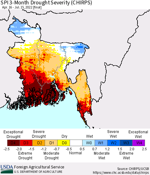 Bangladesh SPI 3-Month Drought Severity (CHIRPS) Thematic Map For 4/16/2022 - 7/15/2022