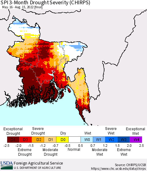 Bangladesh SPI 3-Month Drought Severity (CHIRPS) Thematic Map For 5/16/2022 - 8/15/2022