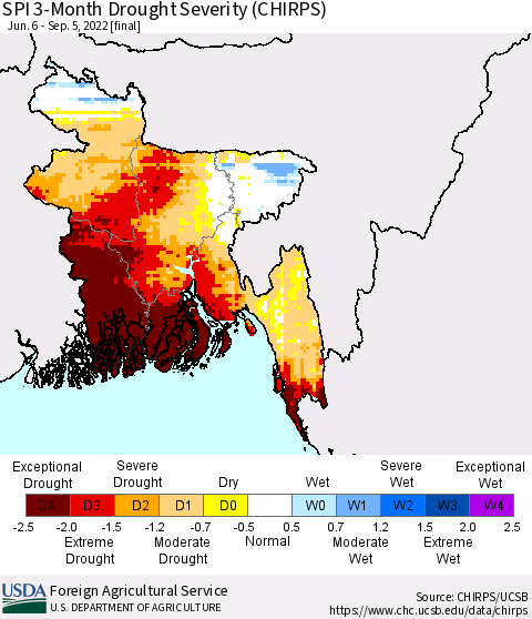 Bangladesh SPI 3-Month Drought Severity (CHIRPS) Thematic Map For 6/6/2022 - 9/5/2022