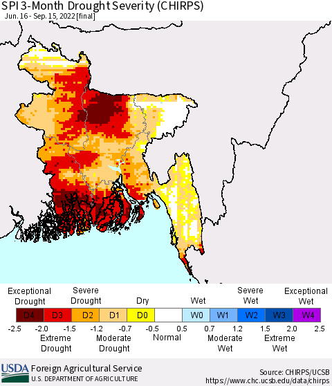 Bangladesh SPI 3-Month Drought Severity (CHIRPS) Thematic Map For 6/16/2022 - 9/15/2022