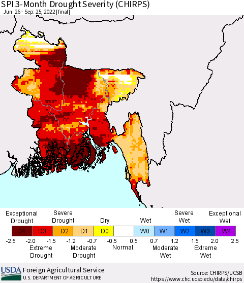 Bangladesh SPI 3-Month Drought Severity (CHIRPS) Thematic Map For 6/26/2022 - 9/25/2022