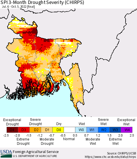 Bangladesh SPI 3-Month Drought Severity (CHIRPS) Thematic Map For 7/6/2022 - 10/5/2022